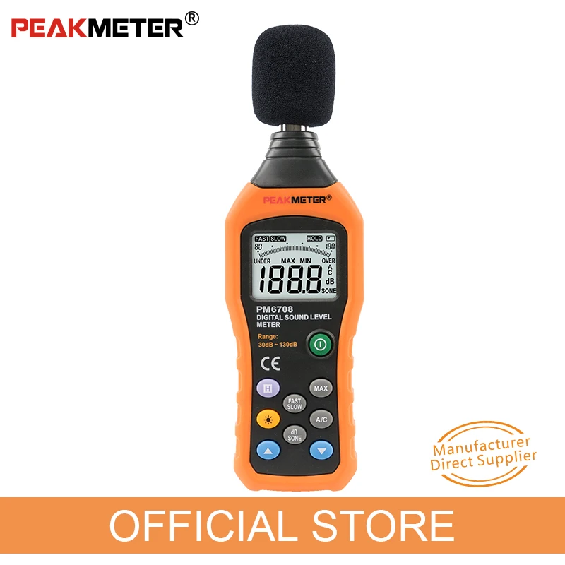 

Official PEAKMETER PM6708 LCD Digital Audio Decibel Sound Noise Level Meter dB Meter Measuring Logger Tester 30 dB to 130 dB