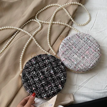 

Elegant Female Contrast color Round Bag 2019 Fashion Quality Wool Women's Designer Handbag Pearl Chain Shoulder Messenger Bag