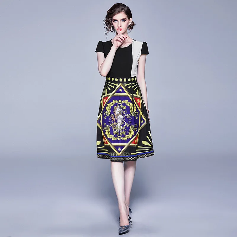 

Photo Shoot 2019 # Ozhouzhan New Style WOMEN'S Dress Crew Neck Waist Hugging Slimming Slit-Style Floral Printed Dress