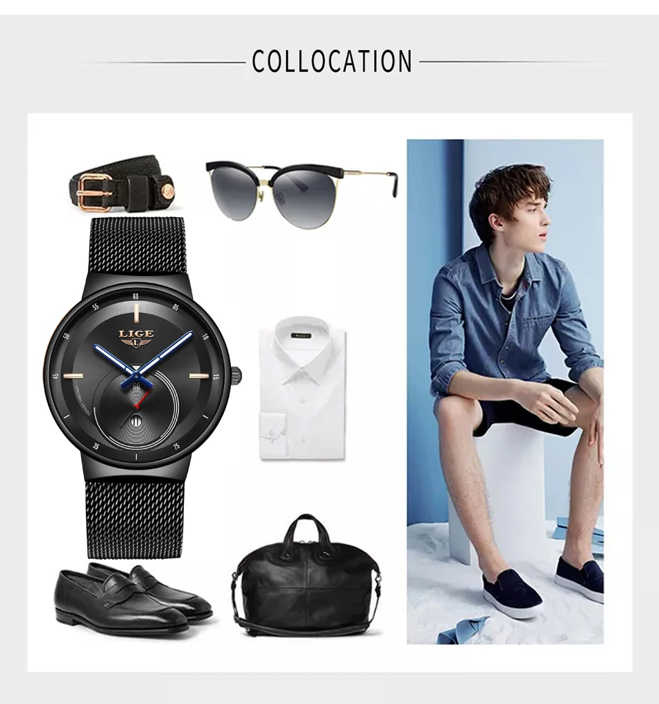 Новинка, мужские часы LIGE, Топ бренд, роскошные мужские модные кварцевые часы, идеальный подарок, черный циферблат, современный стиль, relojes hombre