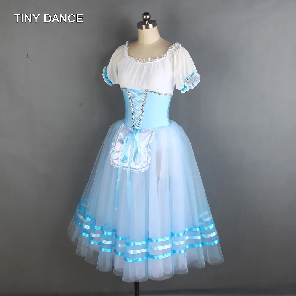 Небесно-голубой и белый балетный танцевальный костюм-пачка с пышными рукавами, лиф из спандекса с длинной фатиновой юбкой-пачкой, балерина, танцевальное платье 20003