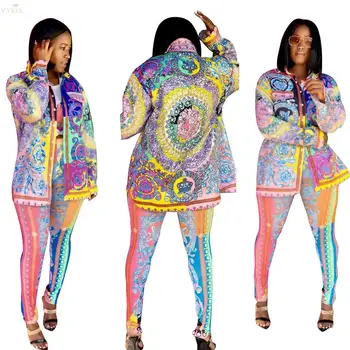 

Fall Winter Tracksuit Women Set Africa Print Shirt+pencil Pants Suits Two Piece Set Night Sexy Streetwear Sweatsuit Club Outfits