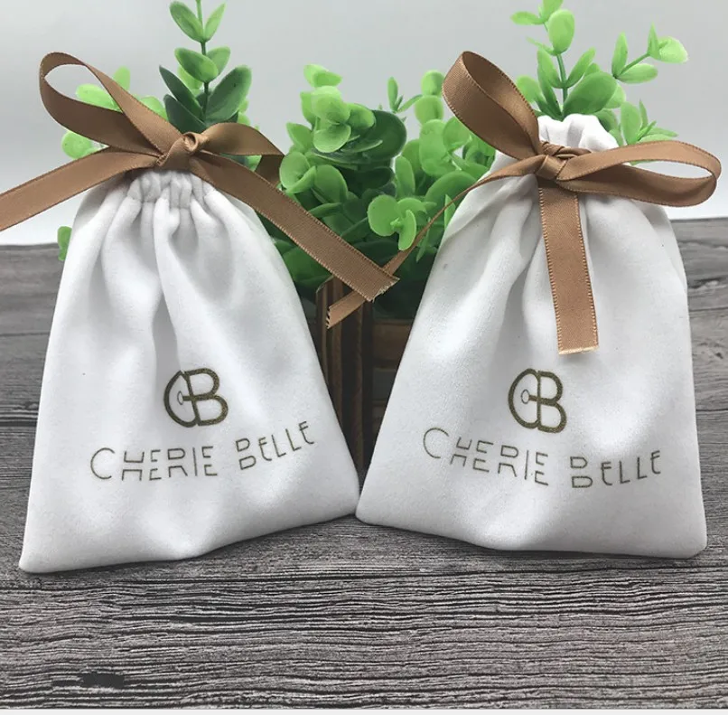 

50pcs white velvet Gift Bag with coffee ribbon 7x9cm 10x13cm Makeup Jewelry Drawstring Pouch