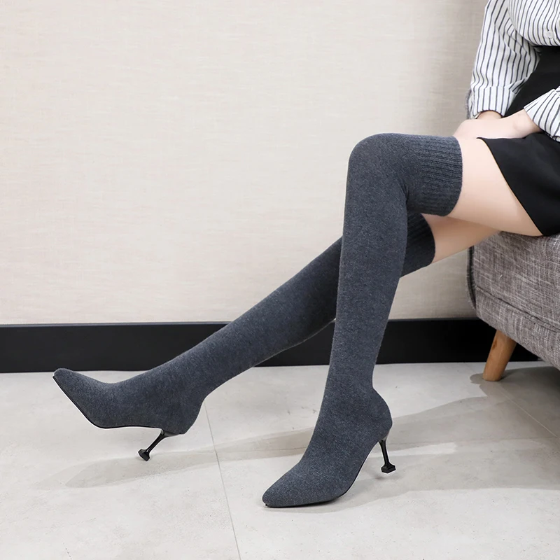 

Black Gray Slim Stretch Fabric Women Over The Knee Boots High Heel 2019 Winter Pointed Toe Stretch Thigh High Long Boots