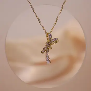 

DR-11 Explosion Models Hot Sale Bow Tassel Necklace Female Gold Short Clavicle Chain Tide Temperament Zircon Pendant Crystal