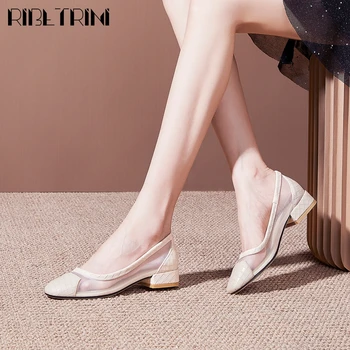 

RIBETRINI Round Toe Slip On Shallow Low Heels Shoes Fashion Silver Women Pumps Casual Office Consise Chic Pumps