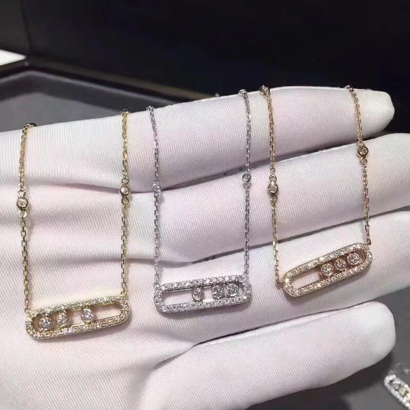 

925 Sterling Silver crystal Slide Stone necklace charm three round drill move stone pendant famous brand jewelry silver necklace