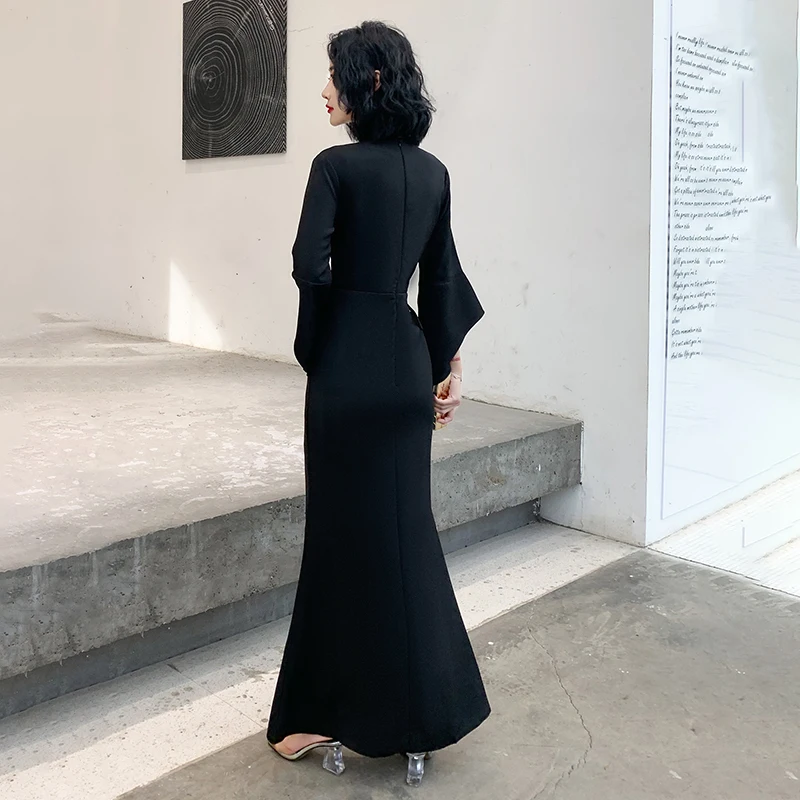Сексуальное женское вечернее платье Русалка, новинка, высокий разрез, тонкое, Qipao, элегантное, v-образный вырез, длинный рукав, Cheongsam Vestidos Defesta