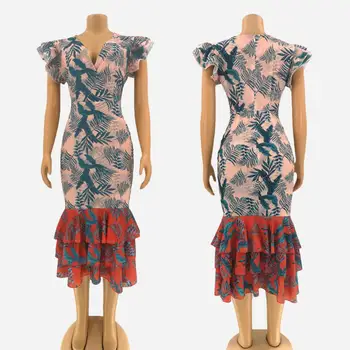 

Print summer long ankle length dress for woman A059 sexy sheath butterfly short sleeve ruffles trim high quality female dresses