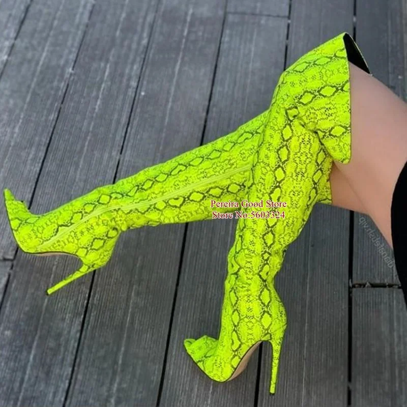 Sexy Python Pattern Leather Over The Knee Boots Peep Toe Green Yellow Brown Snakeskin Tight High Long Zipper Dress Shoes | Обувь