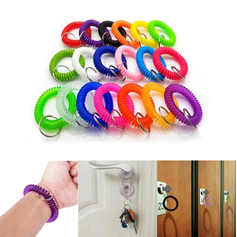 QMET Pack of 35 Stretchable Plastic Bracelet Wrist Coil Wrist Band Key Ring Chain Holder Tag (7 Colors Mixed)