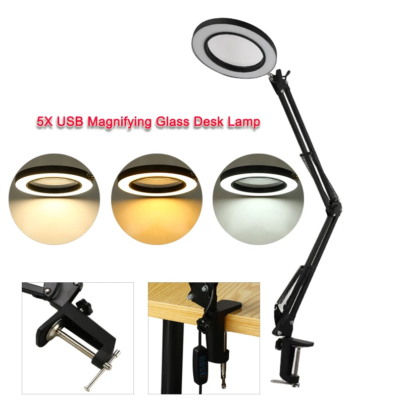 Lupa USB 5X con abrazadera de mesa Flexible de luz LED de tercera mano para soldar/leer/lámpara de 