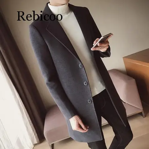 Dark gray Новые Модные Классические мужские ветровка сплошной цвет однобортный Тонкий длинный шерстяное пальто 5XL Большие размеры Мужская куртка - Цвет: Dark gray