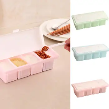 

4 Grid Seasoning Box Condiment Spice Storage Case Holder Kitchen Tool with Spoon