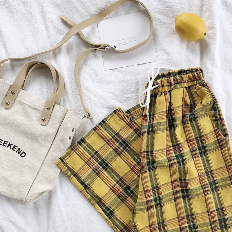 Summer Japanese Style Women Yellow Pants High Waist Tie Stripe Plaid Cotton Pant Bottom Summer Japanese Style Women Yellow Pants High Waist Tie Stripe Plaid Cotton Pant Bottom