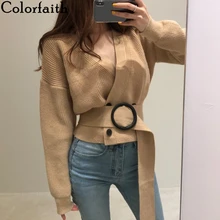 Colorfaith/Новинка, женские свитера на осень и зиму, с поясом, на шнуровке, на пуговицах, двубортные, однотонные, минималистичные, элегантные топы SW9733