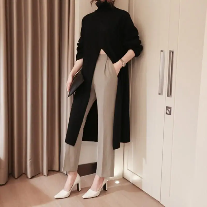 

Fall Winter Solid Turtleneck Casual Sweaters Long Sleeve Knitted Split Sweaters Streetwear Female Slit Plus Size Long Sweaters