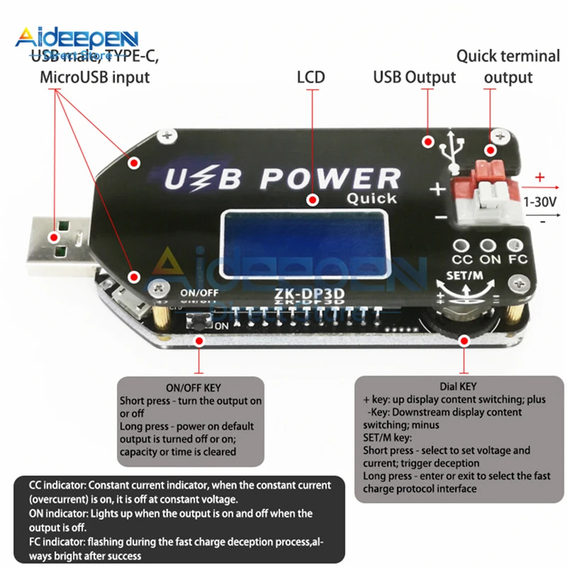 

DC 4-13V to 1-30V 2A 15W CNC USB QC 2.0 3.0 Adjustable Power Supply Module Constant Voltage Constant Current Fan Speed Regulator