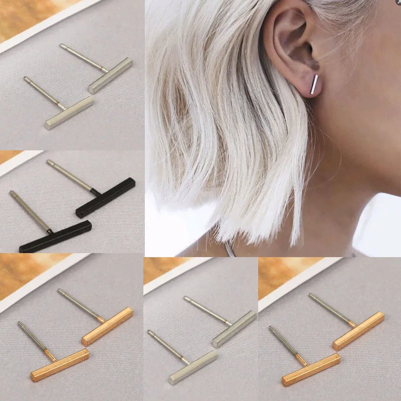 

Fashion 1Pair Golden Girl T Shape Punk Black Stud Earrings Silvery Lady Ear Alloy Rock Trendy Earrings