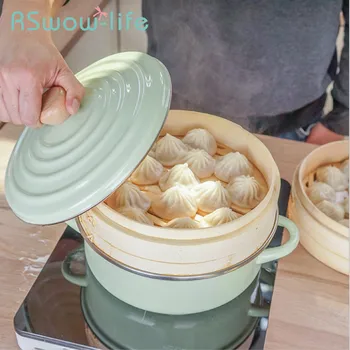 

Binaural Soup Pot Japanese Thickened Stew Pot Enamel Pot 26cm Induction Cooker Gas Steamer with Bamboo Drawer For Steamer Pot