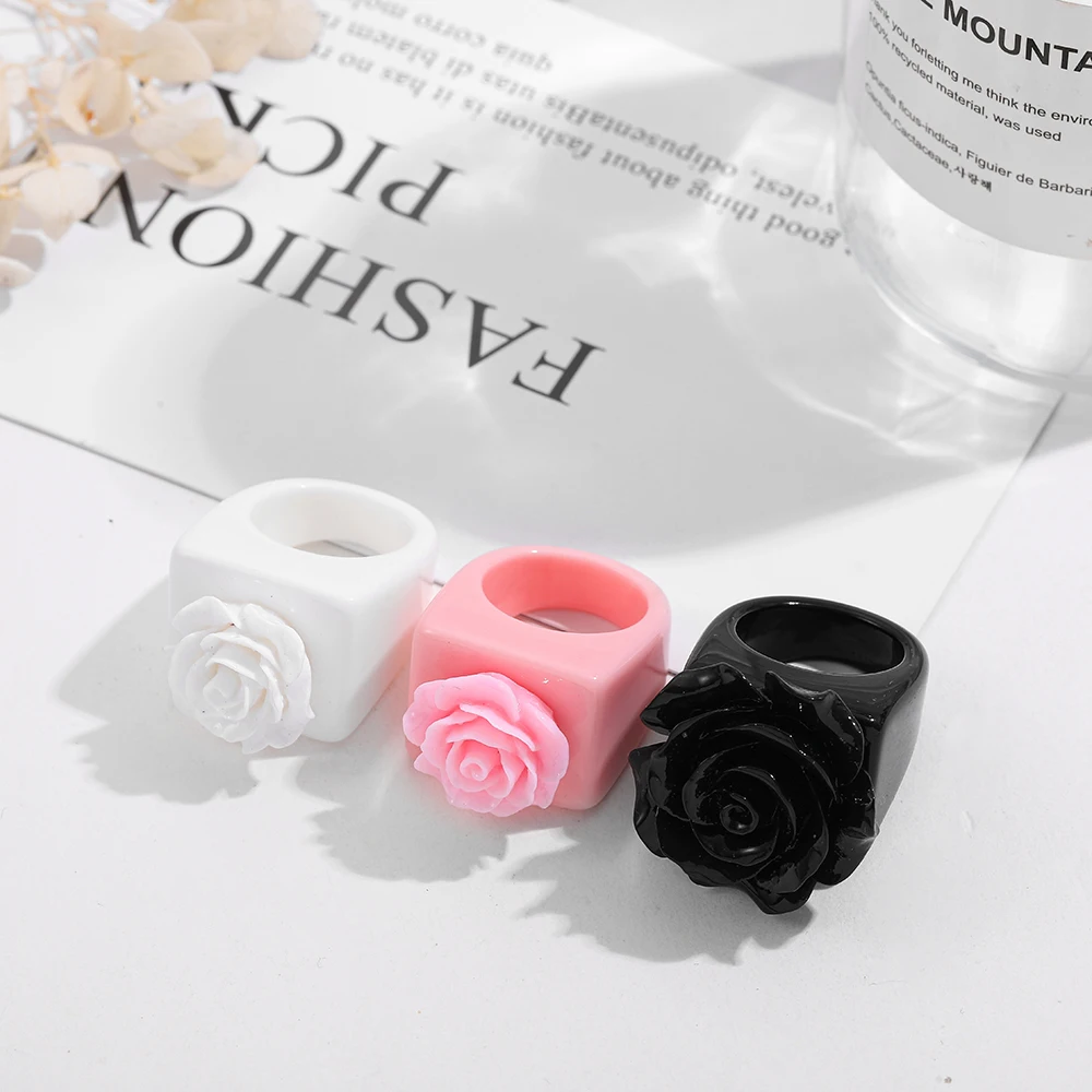 Women Girls Finger Ring Korean Flower Resin Acrylic Square Geometric