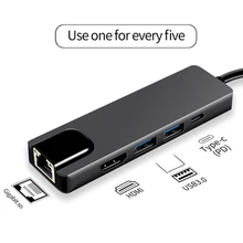 USBC к Rj45 HDMI USB 3,0 type C порт зарядки 5 в 1 концентратор Gigabit Ethernet Lan 4K для Mac book Pro Thunderbolt 3 USB-C зарядное устройство