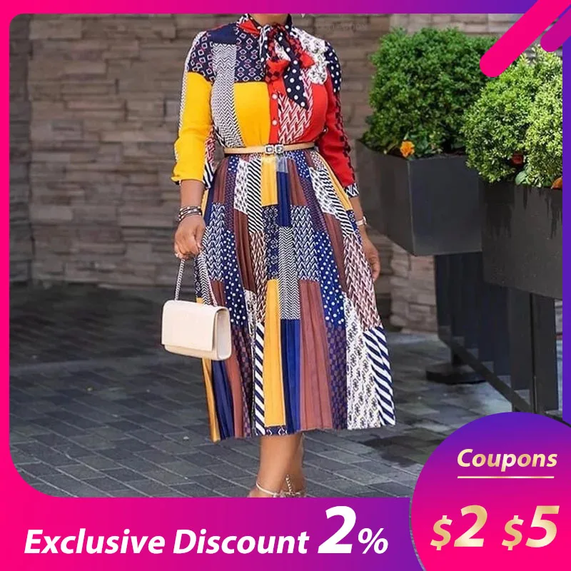 

Office Lady Bow Collar Print A-Line Color Block Dress Casual Fit And Flare OL Pleated Dress 2019 Autumn Winter Women Fashion