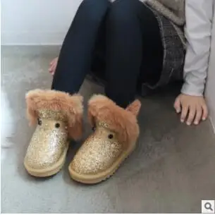 photo color Children snow boots girls rabbit fur boots sequin shoes baby shoes genuine leather cotton boots - Цвет: photo color