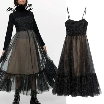 

2020 england high street vintage gauze polka dot spaghetti strapless summer za dress women vestidos de fiesta de noche vestidos