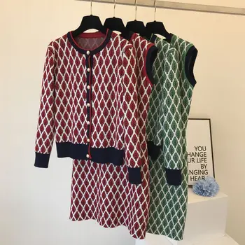 

NEW Winter Women Fashion Plaid Knitted Cardigans & Dress Woman Leaf Rhombic Jacquard Chequered 2pcs Suit OL Casual Retro Set