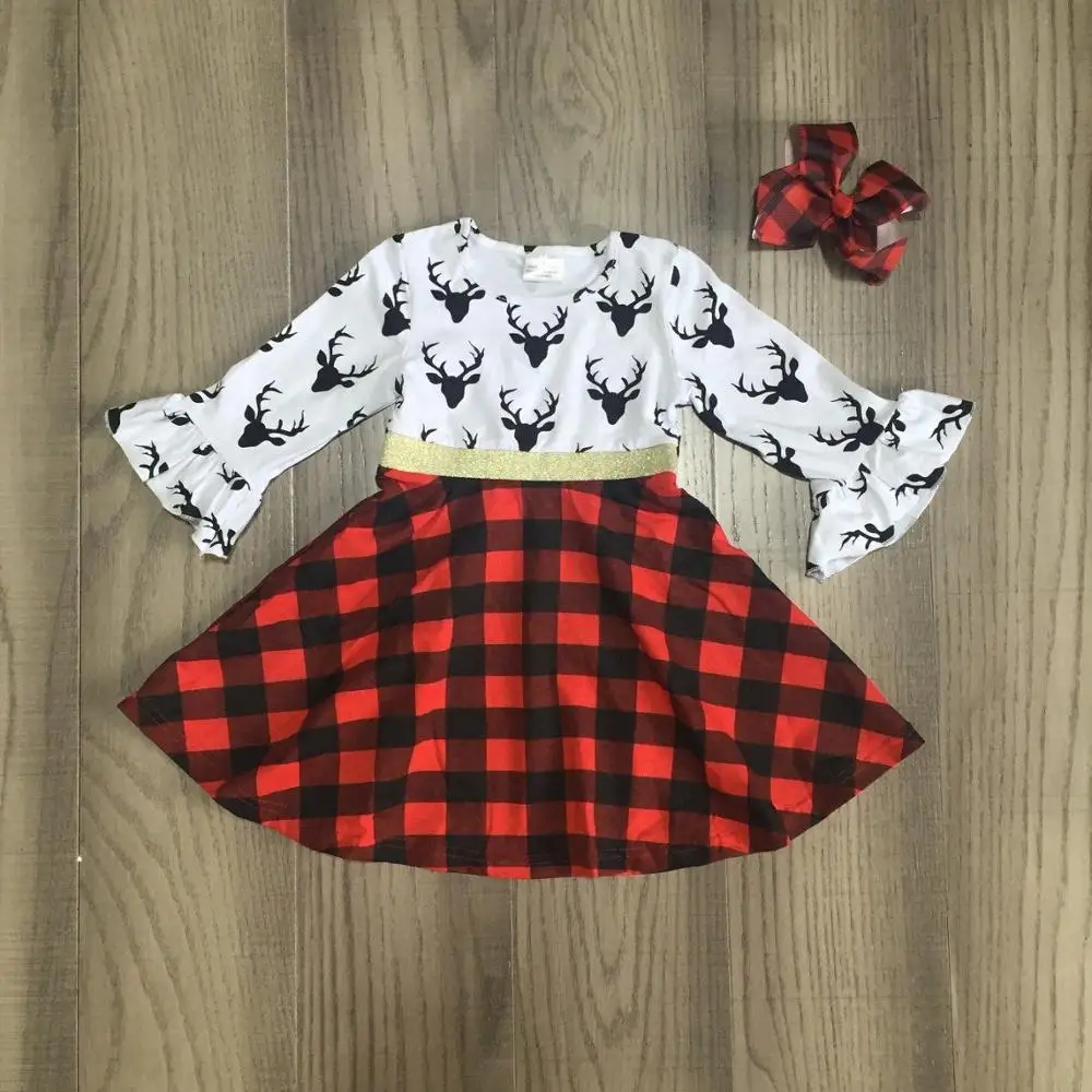 

Christmas girls children clothes baby cotton Fall/Winter plaid reindeer long sleeve ruffles milk silk dress boutique match bow