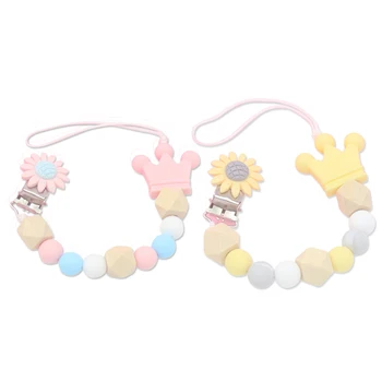 

2 Pcs Silicone Wood Beads Baby Pacifier Clip Chain Cute Flower Crown Pacifier Clips Soother Chew Toys Anti-Drop Chains Baby Teet