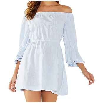 

Women's Sexy Dress Solid Off Shoulder Ruffled Flounce Half Sleeve Elastic Mini Dresses Spring Summer Fashion Casual Vestido #A