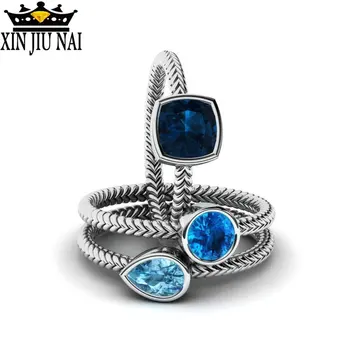 

3-in-1 Promise Sapphire Sets Silver color AAAA Zircon Cz Party Wedding Band Rings For Women Men Finger Natural Stone Jewelry