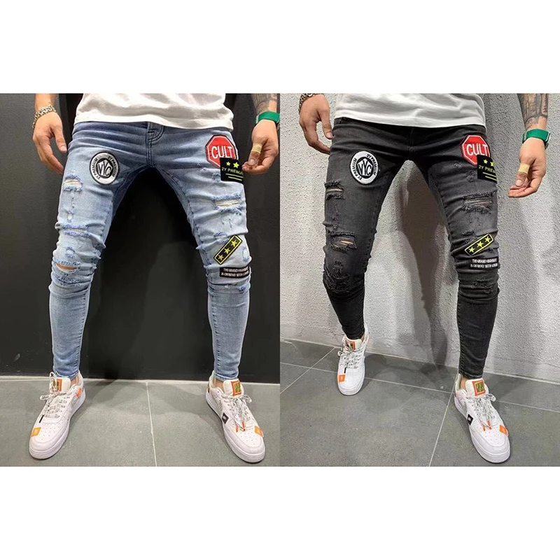 Мужские рваные джинсы с вышивкой хип-хоп облегающие мужские джинсы Модные узкие джинсы мужская одежда мужские стильные рваные джинсы брюки