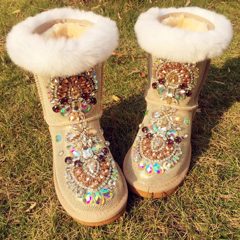 

Real Rabbit Fur Warm Snow Boots Women Waterproof Genuine Leather Platform Winter Boots 2019 Bling Crystal Rhinestone Shoes Woman