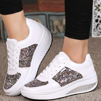 

Women Rocking Shoes Shiny Lace-up Platform Sneakers Leather Height Increrasing Women Shaky Outdoor Sport Shoes Female Gym Shoes