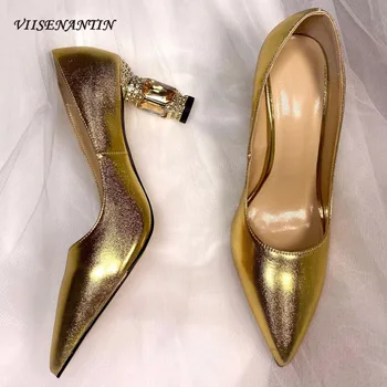 

Gold Leather Sexy Pointed Toe Crystal Jewel High Heel Formal Ladies Party Women Shallow Pumps Plus Size Wedding Fashion Shoes