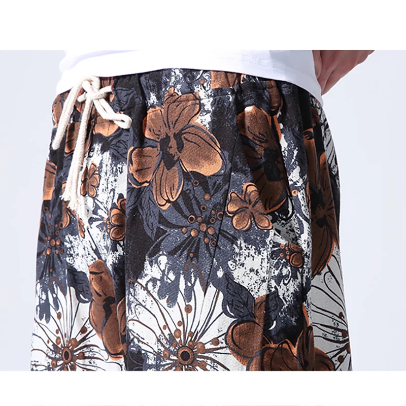 Spring and Summer New Men's Lighweight Linen Loose Harem Pants Chinese Style Pattern Ankle-Length Trousers Drawstring Cool