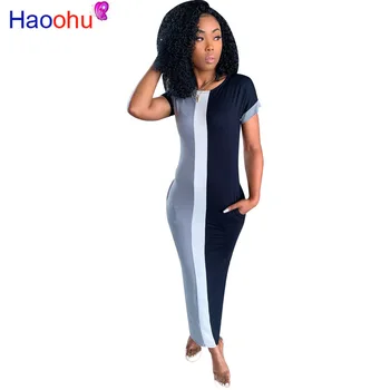 

Contrast Color Bodycon T Shirt Dress for Women O Neck Short Sleeve Sheath Causal Dress Plus Size Ladies Long Bandage Dresses