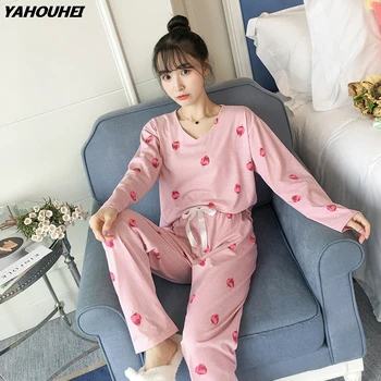 

2019 Autumn Winter 100% Cotton Pajama Sets For Women Long Sleeve V-neck Pyjama Femme Lounge Print Homewear Clothing Pijama Mujer
