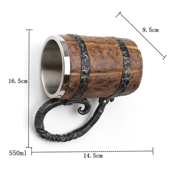 

550ml Simulation Wooden Barrel Double Beer Mug Creative Personality Office Resin Stainless Steel Liner Water Beer Cup