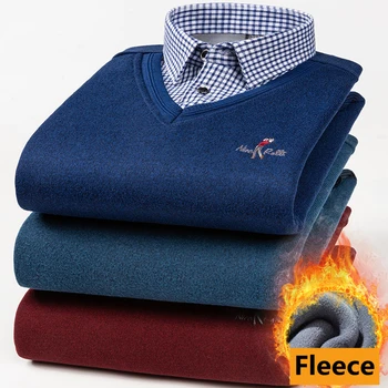 2021 Winter New Men's Plus Velvet Warm Shirt Business Fashion Loose Fake Two Piece Pullover Sweater Male High-end Brand Knitwear