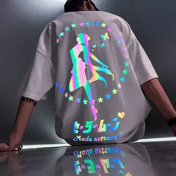 

Reflective Cartoon Sailor Moon T Shirt Streetwear Loose Fashion Tee T-Shirt Harajuku Korean Women White Couple T Shirts Female