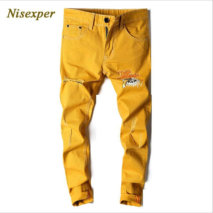 New Men Skinny Jeans Yellow Denim Jean 