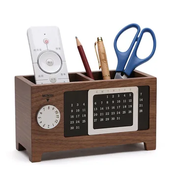

Wooden Pen Holder School Office Desk Organizer Table Pen Pencil Container 2 Grids Storage Box with Calendar