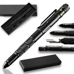 Stylo tactique de défense militaire multifonction, lampe de poche d'urgence, ouvre bouteille stroboscopique, brise verre, étui de rangement étanche 