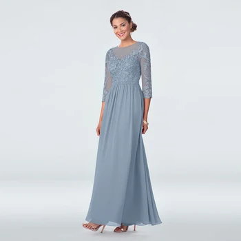 

2020 Charming Dusty Blue Chiffon Lace Mother of the Bride Dresses Three Quarter Sleeve Jewel Neck Pleat Wedding Party Gowns