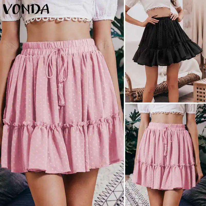 VONDA, женские летние плиссированные мини юбки, женская короткая юбка в горошек с высокой талией, розовые трапециевидные шифоновые юбки с цветочным принтом и рюшами