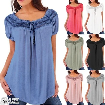 

ZOGAA Summer Women Casual Blouse Ladies Loose V-neck Short Sleeve Chiffon Blouse Womens Lace Tops Plus Size Blouses Shirts